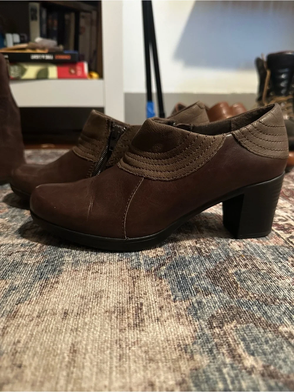 Clarks Brown Leather Ankle Boots Block Heel Side Zip Stitched Detail